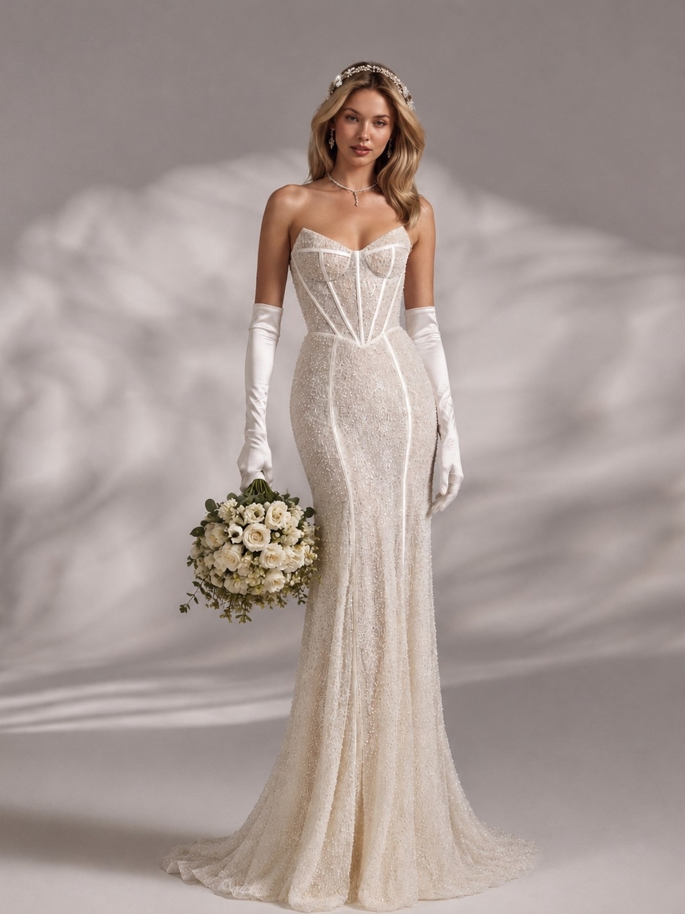 Strapless Ivory Beaded Bridal Gown with Corset Detailing